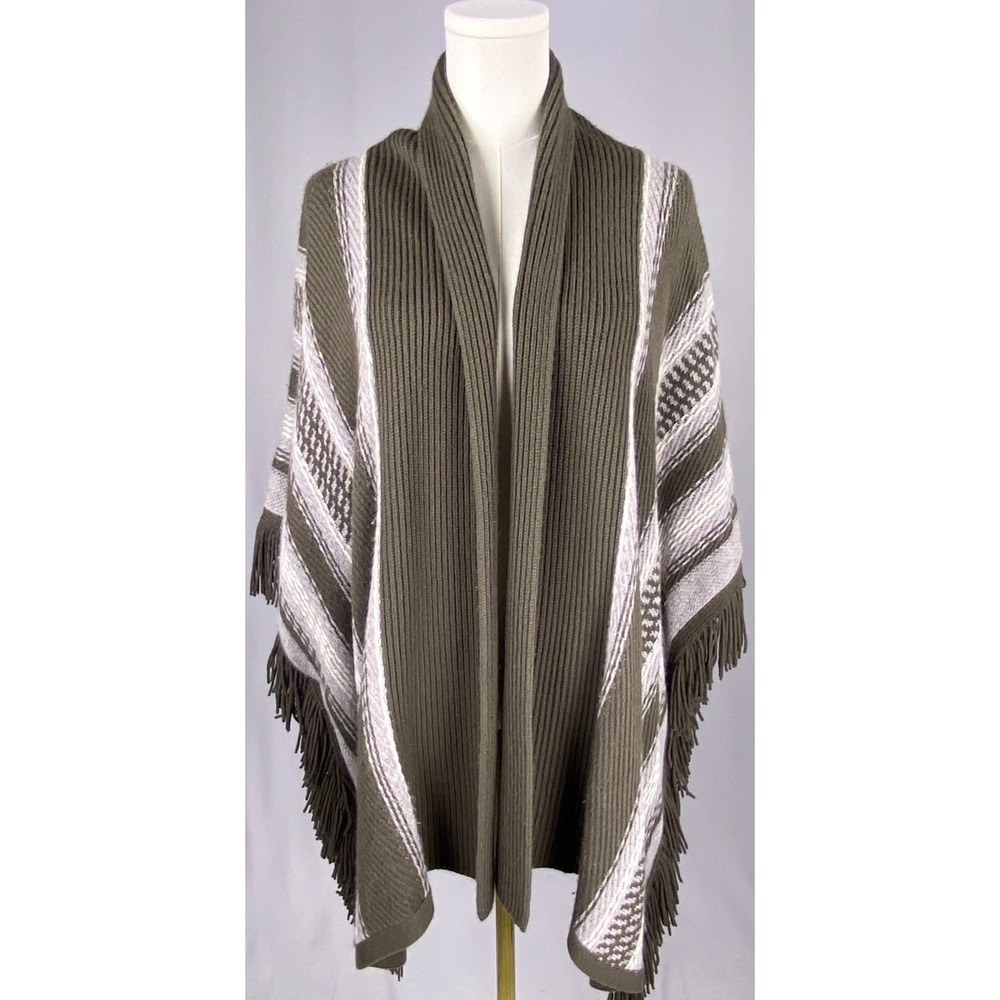 Margaret O'Leary Swoncho Women OS Green Striped Fringe Knit Poncho Wrap‎ Boho